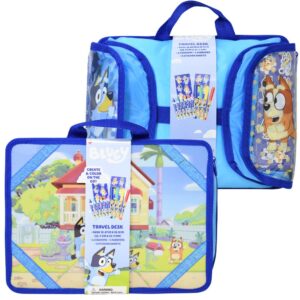 Bluey Kids Travel Activity Desk with Carry Handle, Coloring Set Includes 6 Crayons, 4 Markers & 2 Sticker Sheets, Portable Lap Desk for Travel