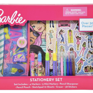 Barbie Over 30 Piece Stationery Set in Box, Kids Art & School Supply Kit with Markers, Sketchpad, Pencil Pouch, Eraser & Stickers