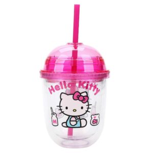 Hello Kitty Pink on 13 Oz Double Wall Plastic with Straw
